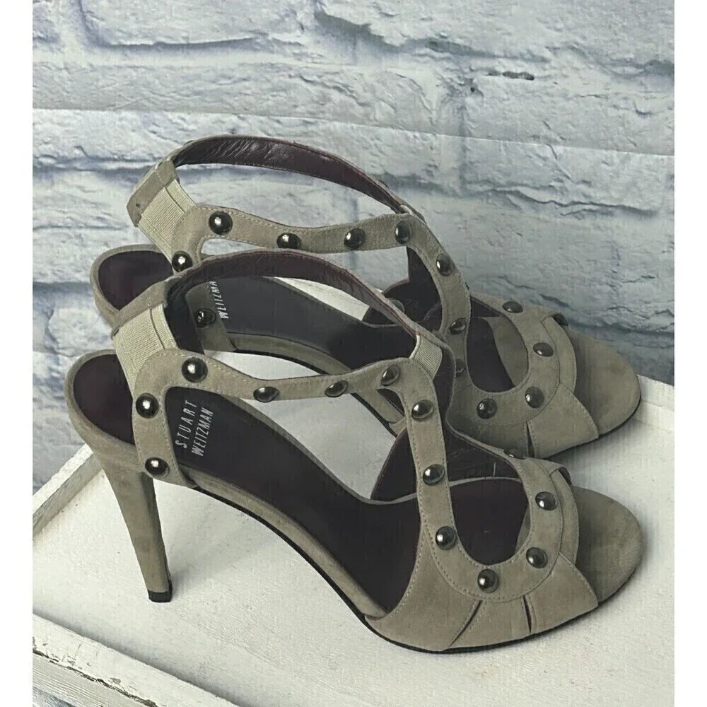 Stuart Weitzman Ratatat Women Suede Stud Sandal Taupe Sz 7.5 4inch Heel Boss Rck
